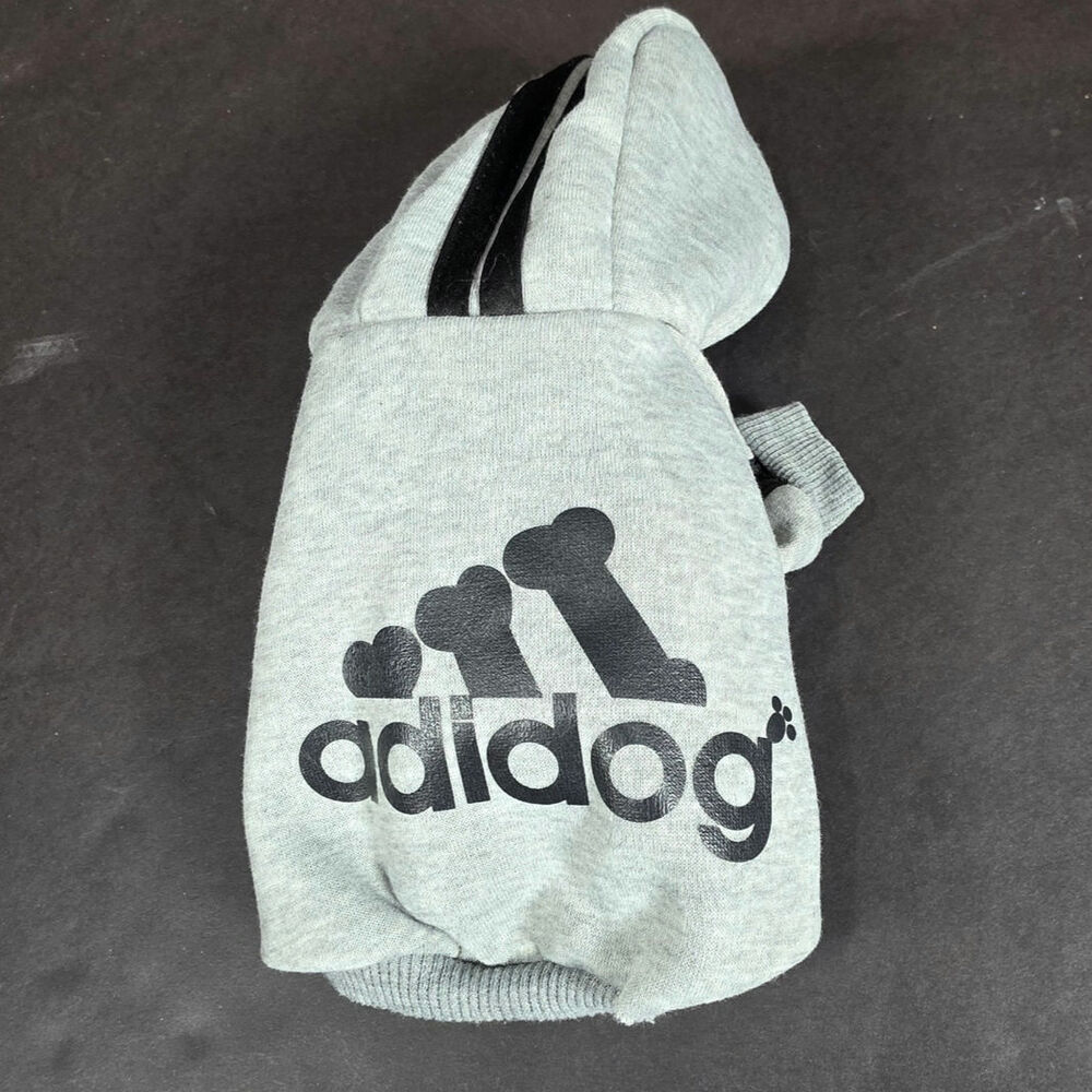 Small Dog Adidog Fleece Hoodie Grey Sweatshirt Snaps Sporty Casual Fun Fall Nice